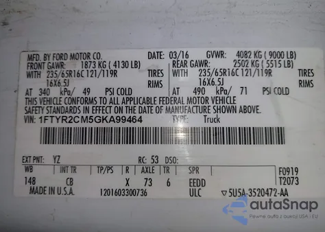 2016 Ford Transit-250 from USA, damaged, VIN 1FTYR2CM5GKA99464